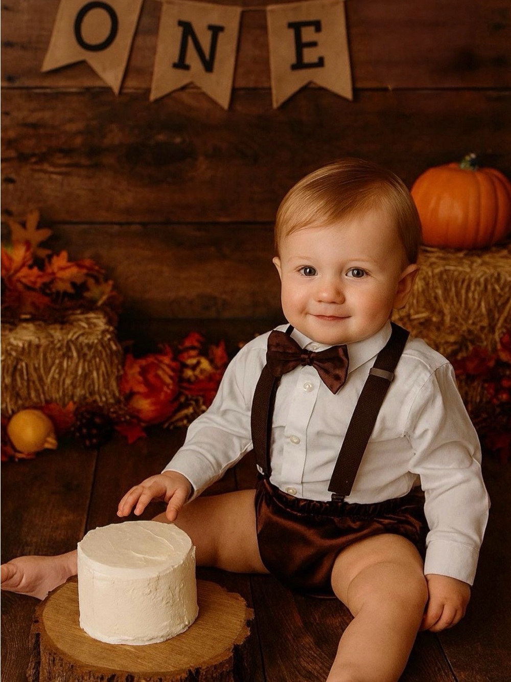 Baby Boy Fall Cake Smash Outfit brown Bow Tie Suspenders Bloomers 1st Birthday